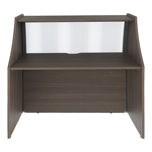 A brown Correll reception desk with a clear see-through counter panel.