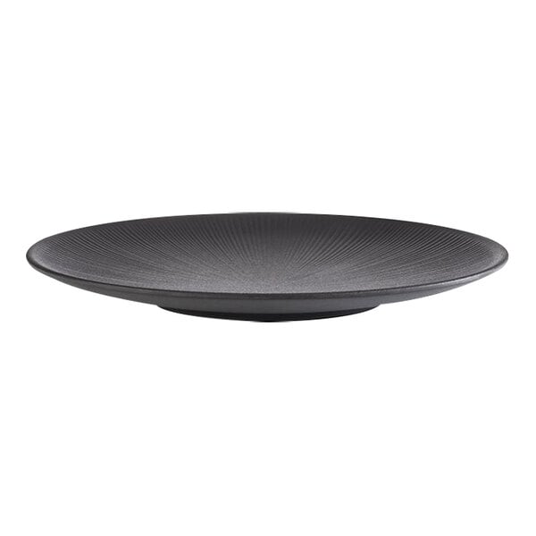 A black APS Nero melamine plate with a thin curved design around the edge.