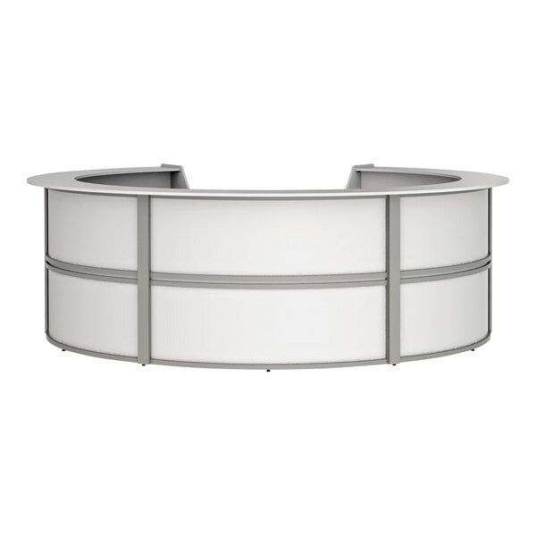A white laminate curved reception counter with a curved top.