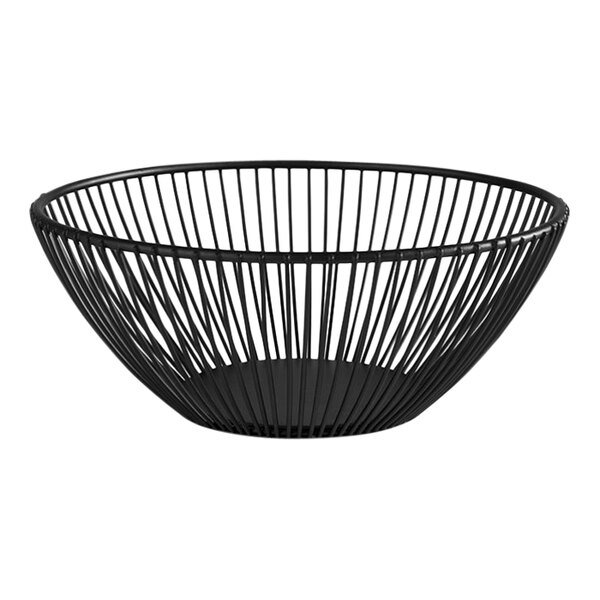 A black metal wire basket with a handle.