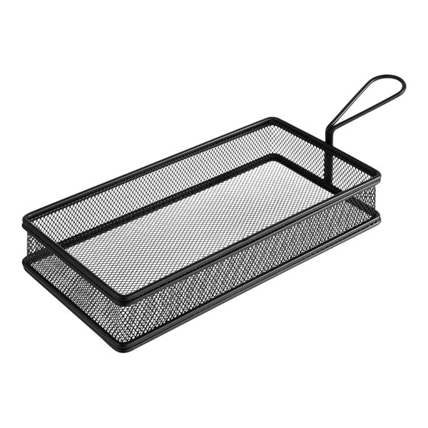 A rectangular matte black stainless steel mesh basket with a handle.