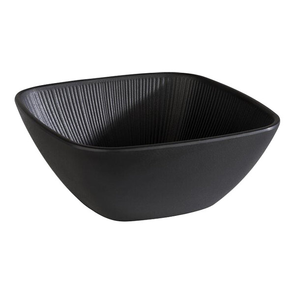 A black square APS Nero melamine bowl with ribbed edges.