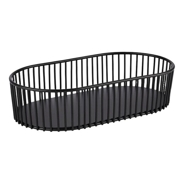 A black metal APS Urban oval wire basket with a handle.
