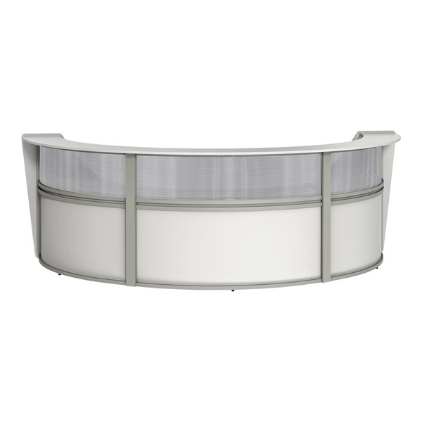 A white and silver curved reception desk with a white background.