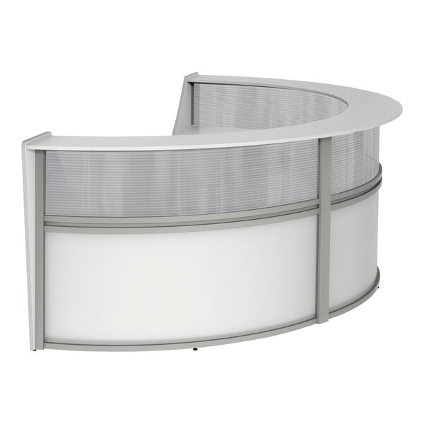 A white and grey curved reception desk with a silver base.