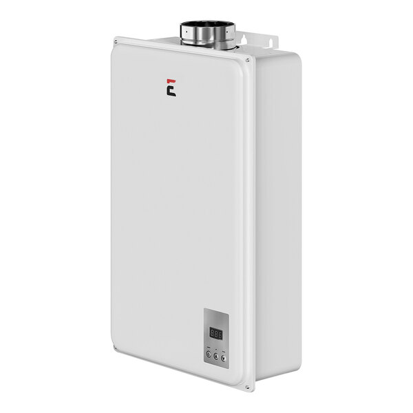 A white rectangular Eccotemp liquid propane indoor water heater with a white border.