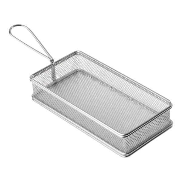 A rectangular stainless steel mesh basket with a handle.