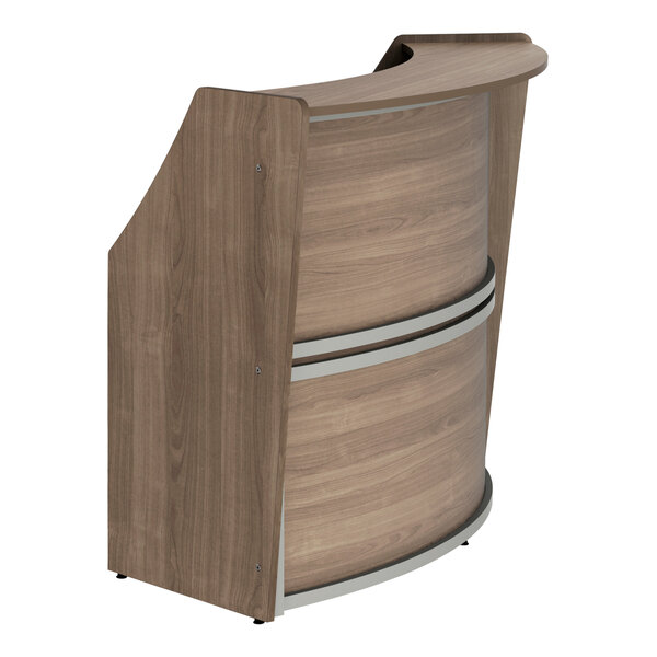 A Correll walnut laminate reception counter with a curved wooden top.