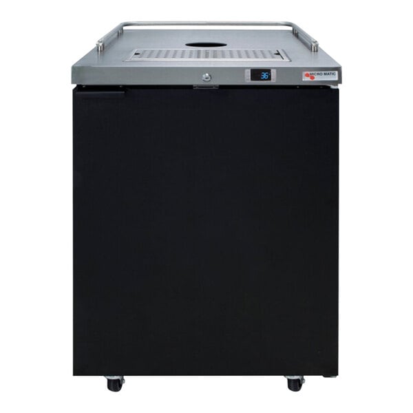 A black and silver rectangular Micro Matic Pro-Line beer dispenser with a door open.
