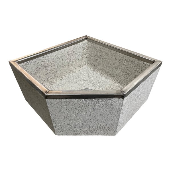 A Stern-Williams Terrazzo corner mop sink basin with a stainless steel rim.