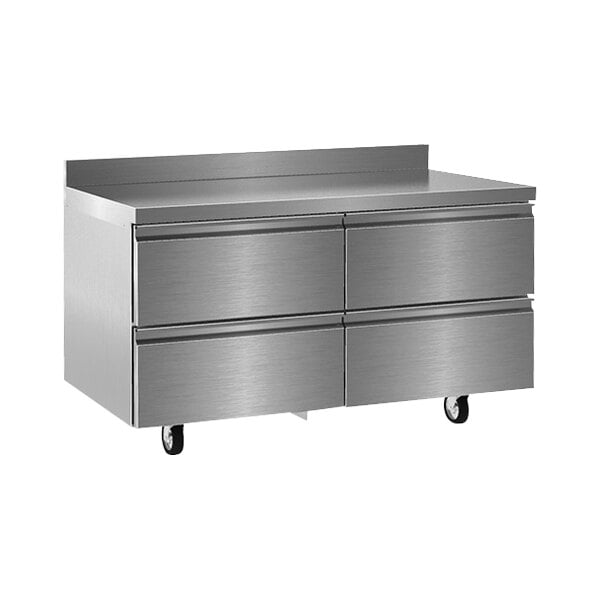 A stainless steel kitchen counter with Delfield worktop refrigerator drawers.