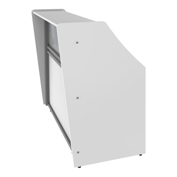 A white rectangular Correll reception desk with a see-through counter panel.