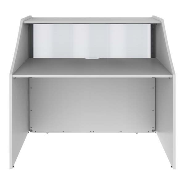 A white Correll reception desk with a see-through counter panel.