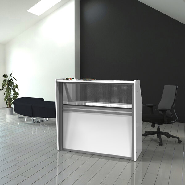 A white Correll reception desk with a see-through counter panel.