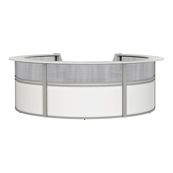 A white reception desk with a curved top and silver trim.