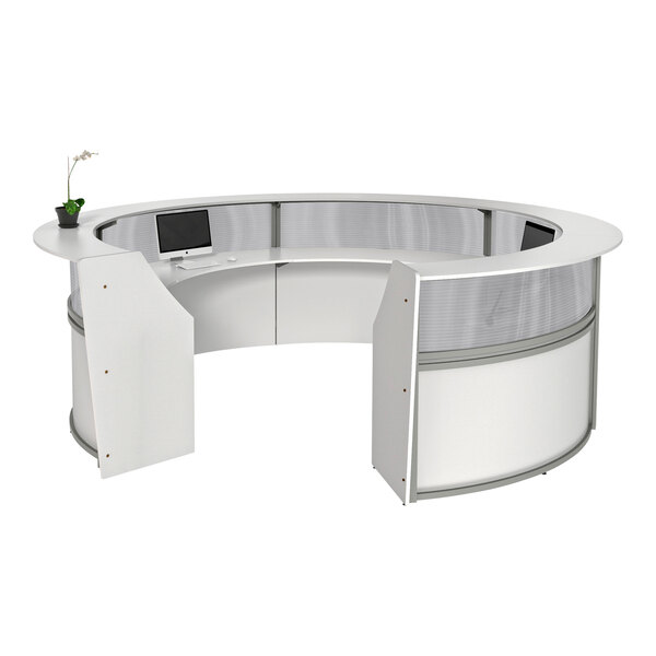 A white Correll curved reception desk with a computer on the counter.