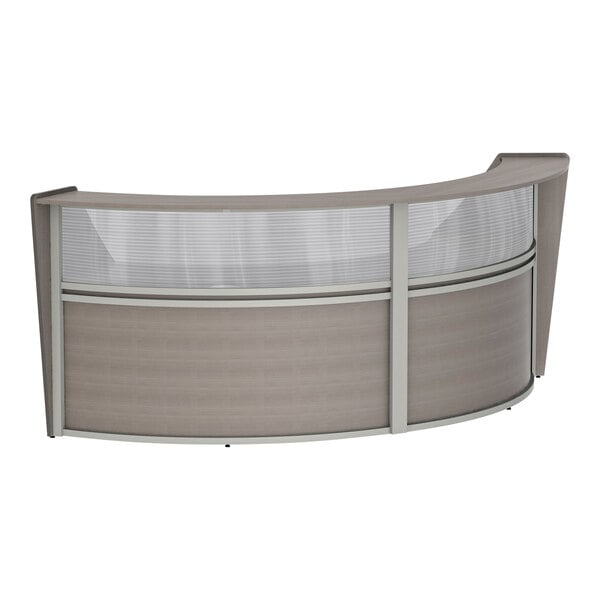 A Correll curved reception desk with a glass panel.