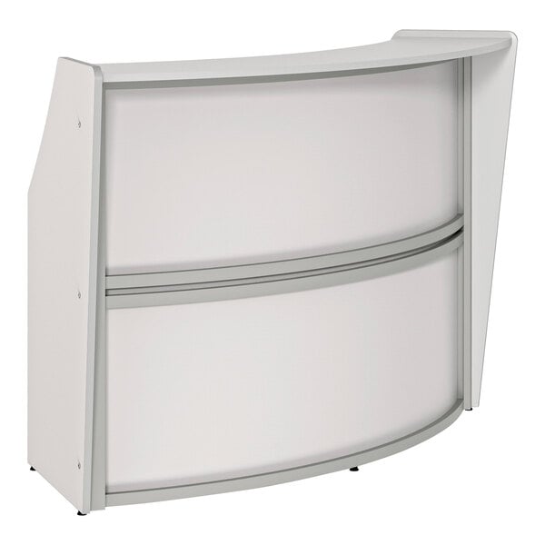 A white reception desk with a curved top and grey edge.