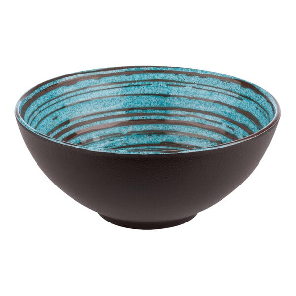 A round APS melamine bowl with blue and brown stripes.