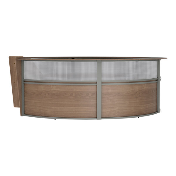 A walnut laminate curved reception desk with a wood panel.