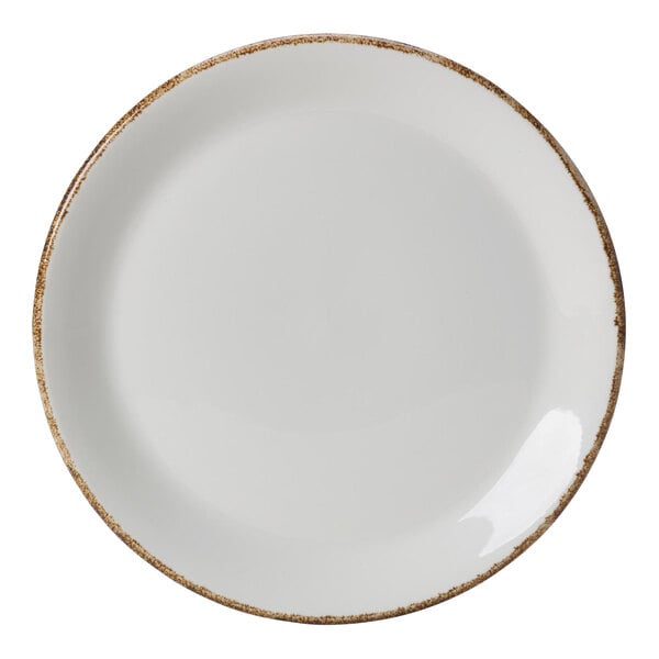 A close-up of a white plate with a brown speckled rim.