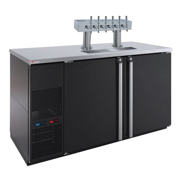 A black Micro Matic Pro-Line dual zone kegerator with a silver double-pedestal tower.