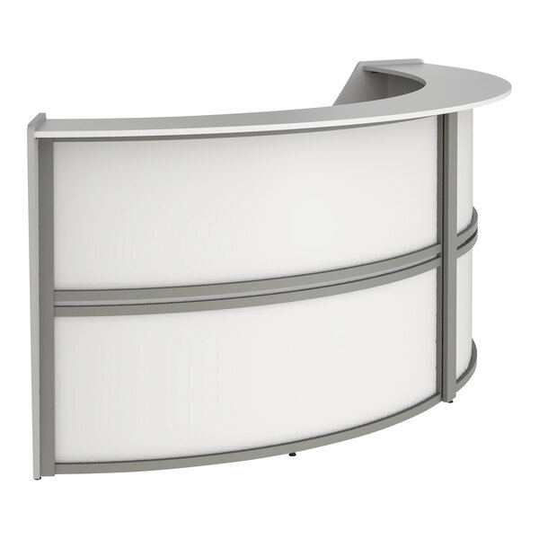 A white Correll curved reception counter with 2 panels.