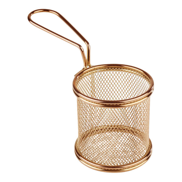 A round gold stainless steel wire mesh basket with a handle.