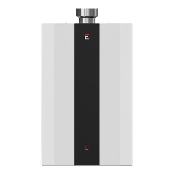 A white rectangular tankless water heater with a black trim.