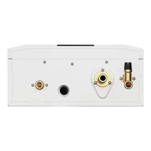 A white rectangular box for an Eccotemp SH12-A-NG SmartHome Natural Gas Water Heater with gold and silver connectors.