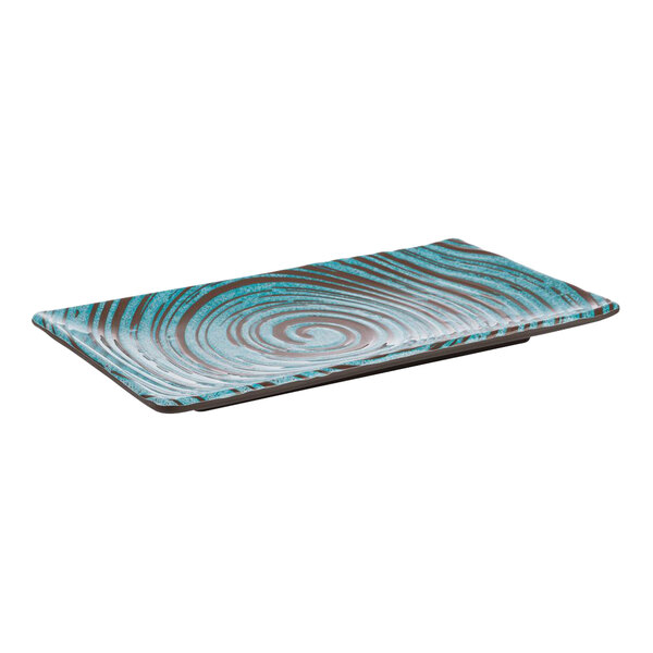 An APS rectangular melamine serving tray with a blue and brown swirl design.