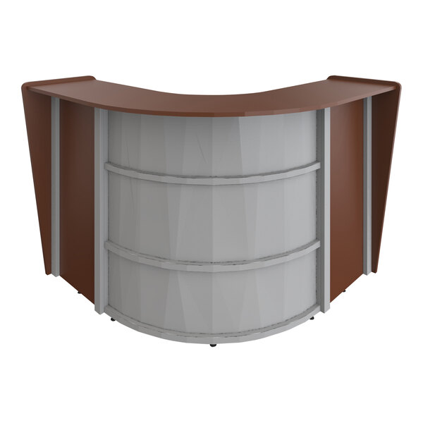 A brown rectangular Correll reception desk with a curved top and a white see-through panel.