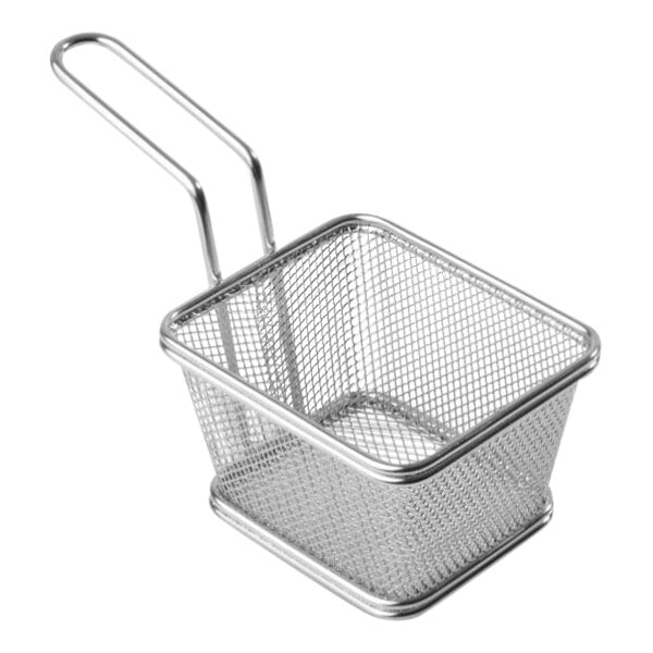 A rectangular stainless steel mini fry basket with a handle.