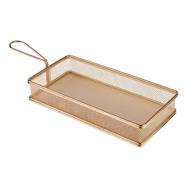 A gold wire basket with a handle.