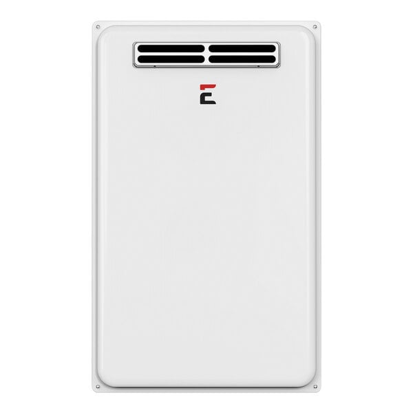 A white rectangular Eccotemp water heater with a logo on it.