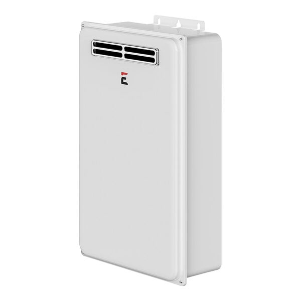 A white rectangular Eccotemp Natural Gas tankless water heater with red and black text.