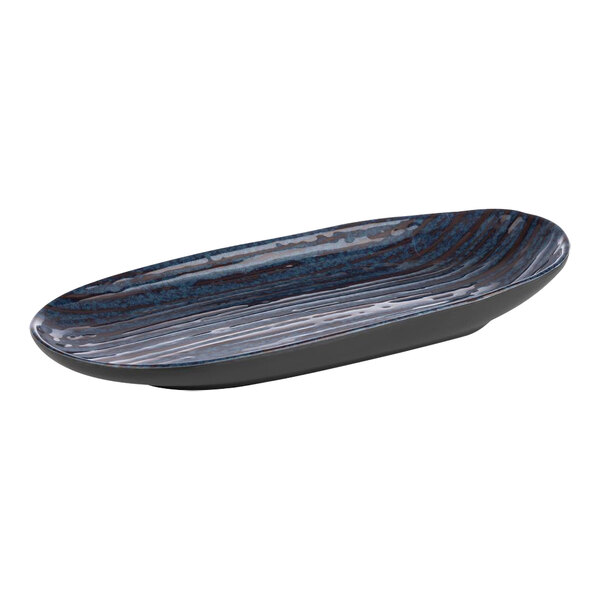 An oval blue and black APS Loops melamine platter.