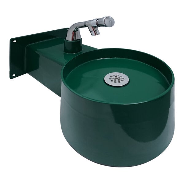 A Stern-Williams Woodland Green steel wall-mount handwashing station with a silver faucet over a green bowl.