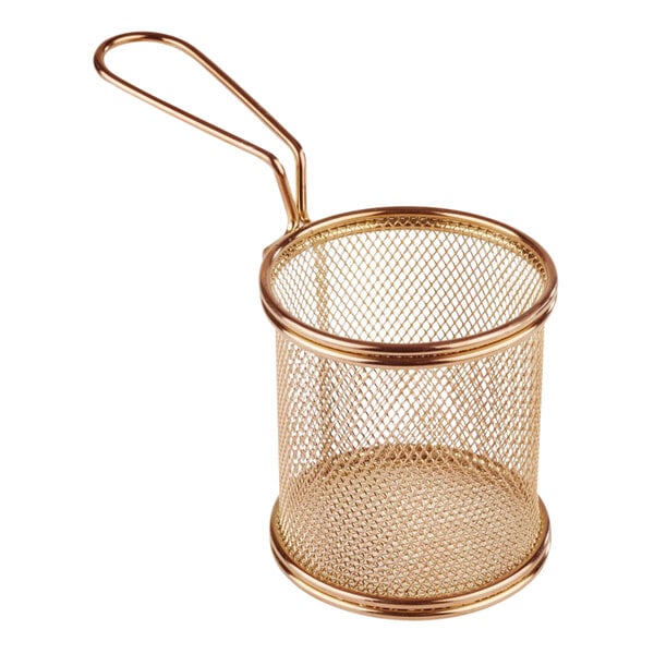 A round gold stainless steel wire mesh basket with a handle.