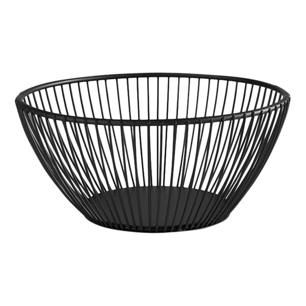 A black metal wire basket with a black rim.