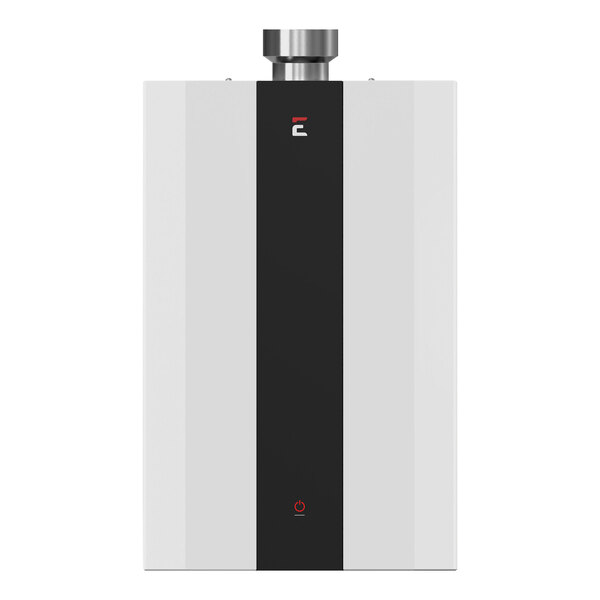 A white rectangular tankless water heater with a black border.
