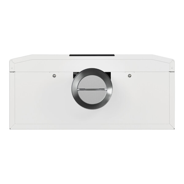 A white box with a round metal circle.