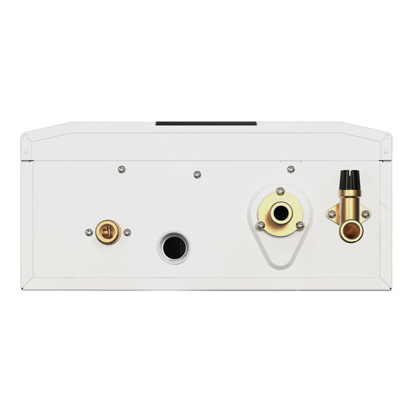 A white box with gold and silver metal parts.