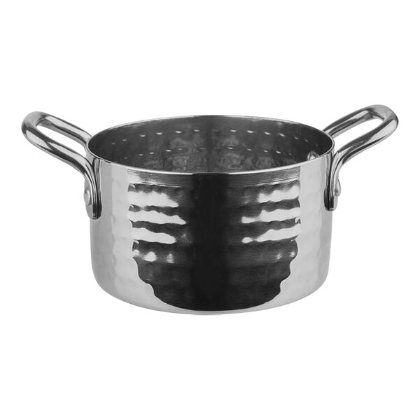 A silver APS Mumbai stainless steel serving pot with handles.