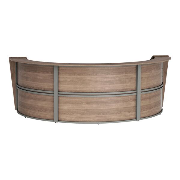 A walnut laminate Correll curved U-shape reception counter with a metal frame.