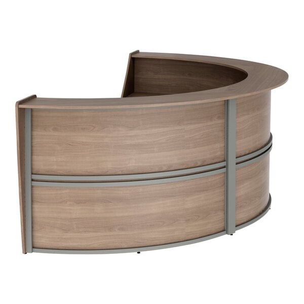 A walnut laminate Correll curved U-shape reception counter with metal legs.