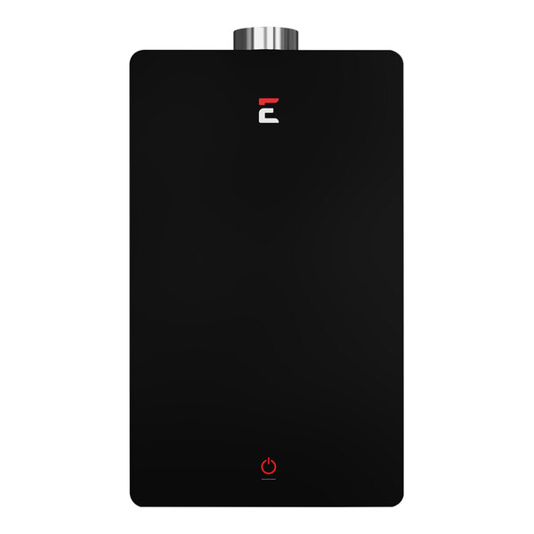 A black rectangular Eccotemp water heater with a white screen with a black border.