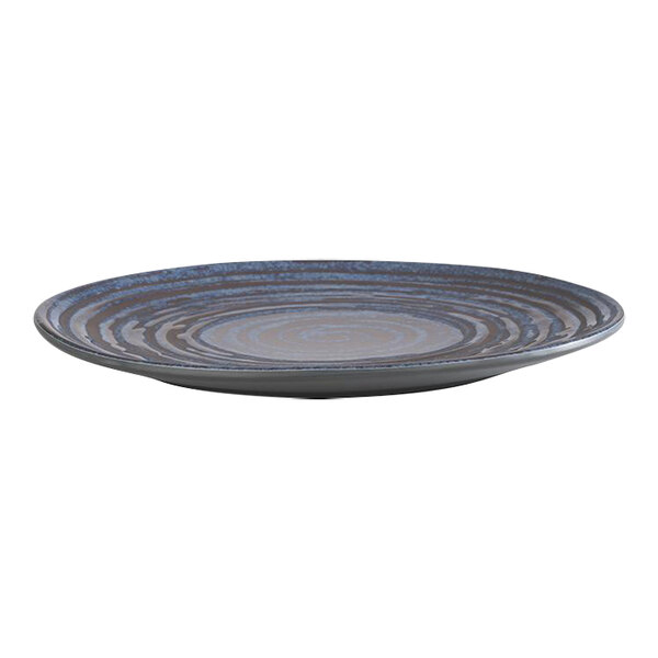 An organic blue melamine plate with a spiral design on it.