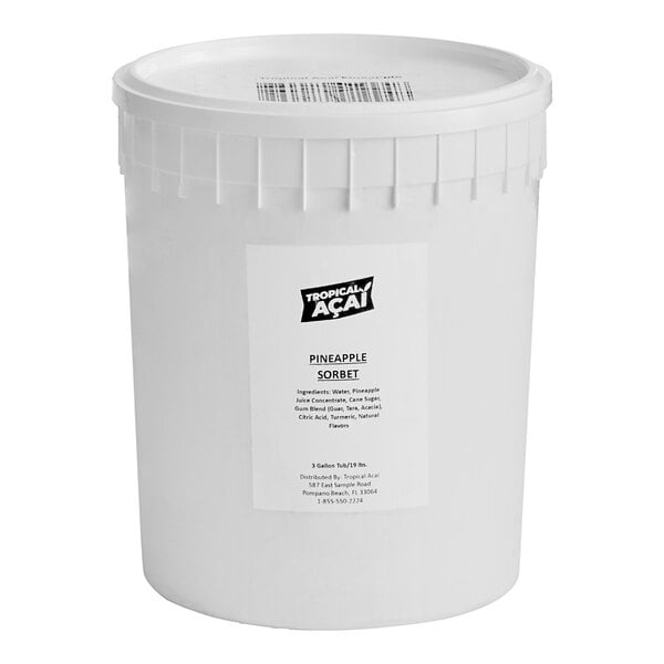 A white bucket of Tropical Acai Premium Pineapple Sorbet.