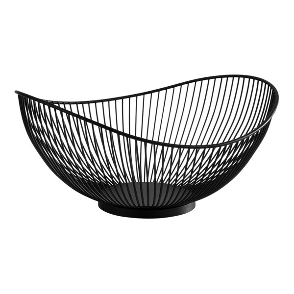 An oval black metal wire basket with a handle.